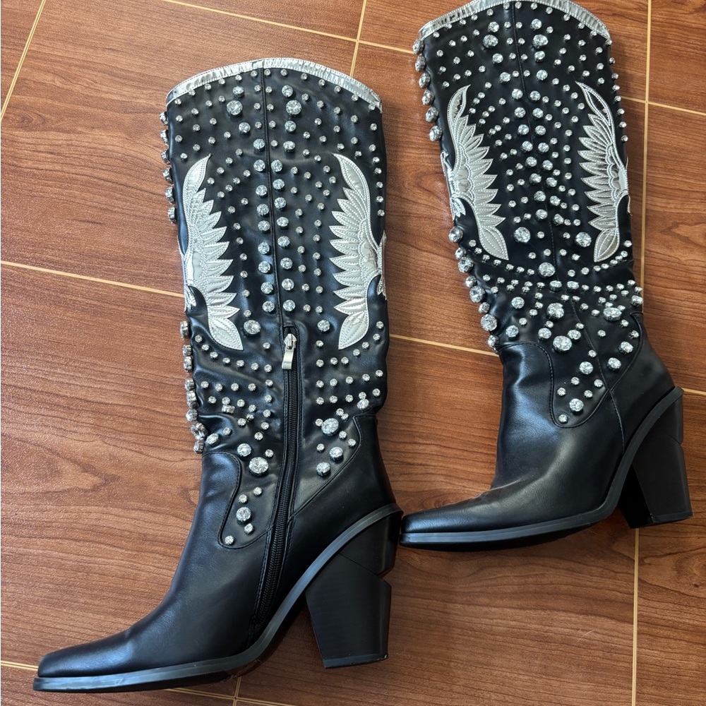 Black Studded Knee-High Boots